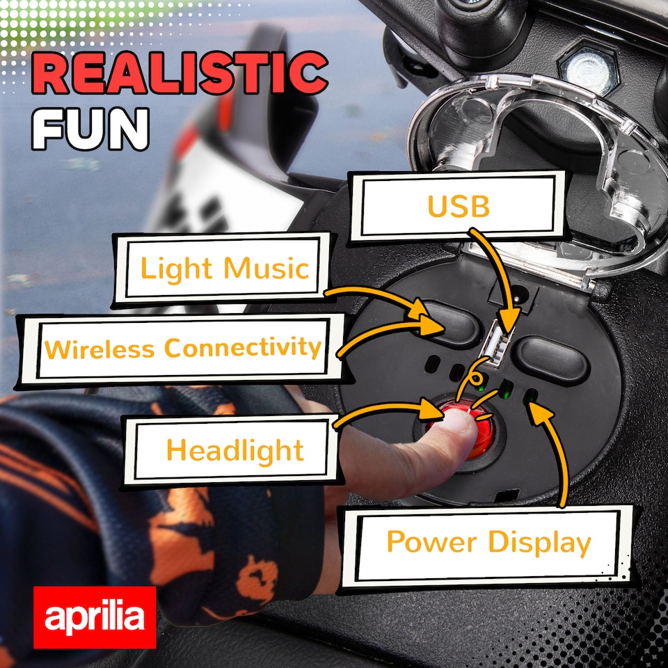 image 1 of AIYAPLAY 12V Kids Motorcycle, Aprilia Licensed Electric Motorbike with Training Wheels, Spring Suspension, LED Light, Music, USB, Kids Electric Bike for Boys, Girls, Red and Black