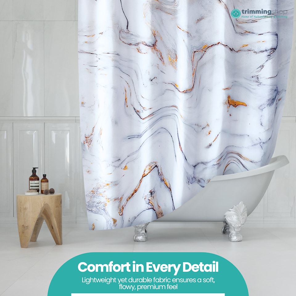 image 1 of White & Grey Marble Polyester Shower Curtain with 12 Hooks - 180x200cm