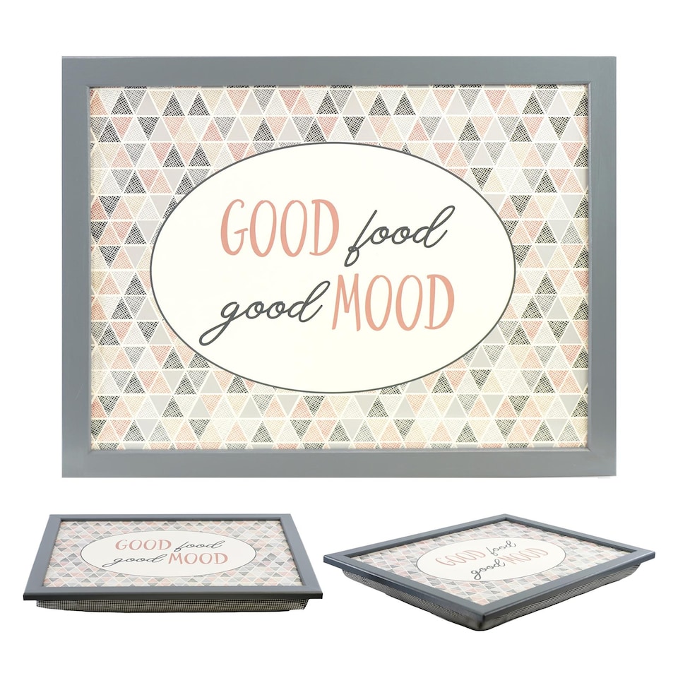 image 1 of GEEZY Good Food Good Mood Design Wooden Lap Serving Tray with Bean Bag Cushion 44x34cm