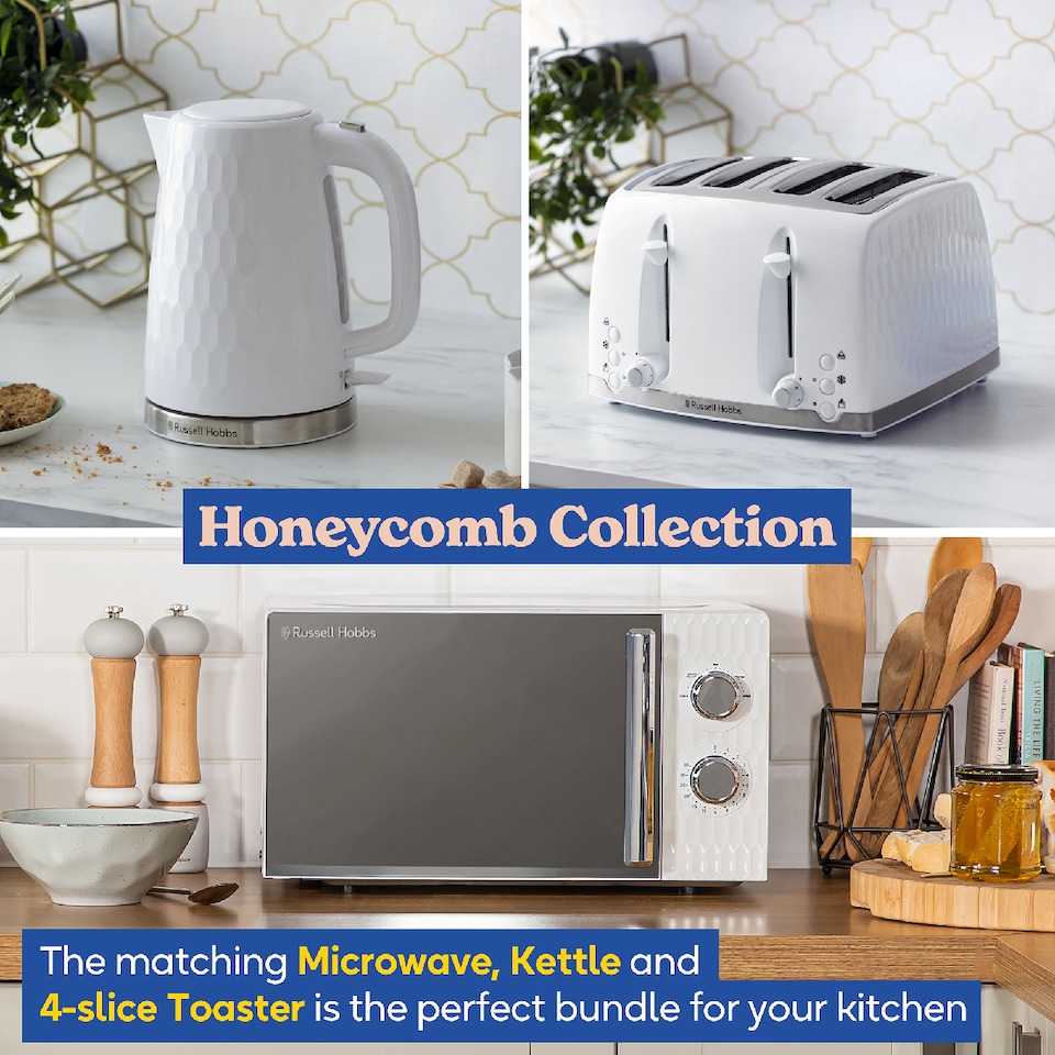 image 1 of Russell Hobbs Honeycomb Bundle Set with Kettle, 4 Slice Toaster, and Microwave White HCBNDL4W