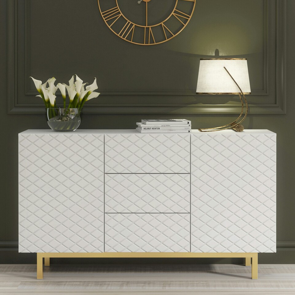 image 1 of White Sideboard with Diamond Pattern Fronts and Gold Legs – 140cm White