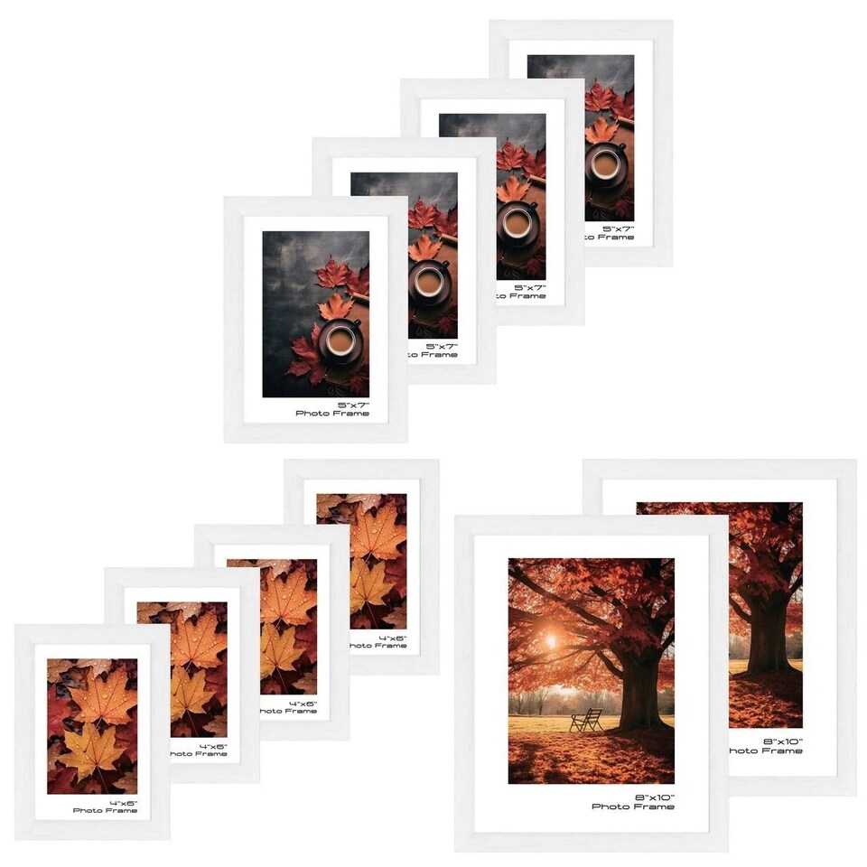 image 1 of 10 Pc Modern Photo Frame Set Wall Mountable and Freestanding Gallery | White | White | Not provided
