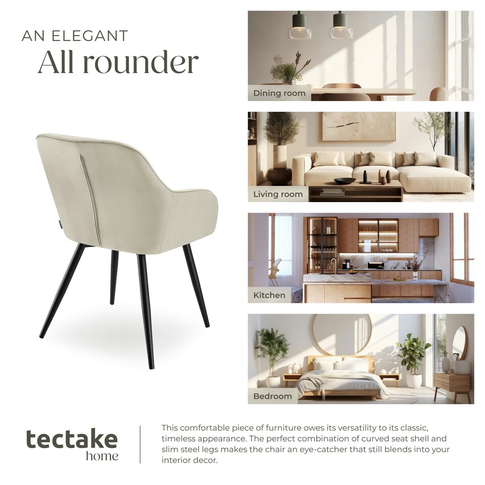 image 1 of Dining Chair Marilyn - velvet look, quilted pattern - per piece Cream | Cream/Black