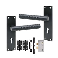 Golden Grace 1 Pair Victorian Knurled Hex Cut Lock Door Handle Matt Black - Secure and Elegant 3 Lever Lock Set with Hinges - 150mm x 40mm