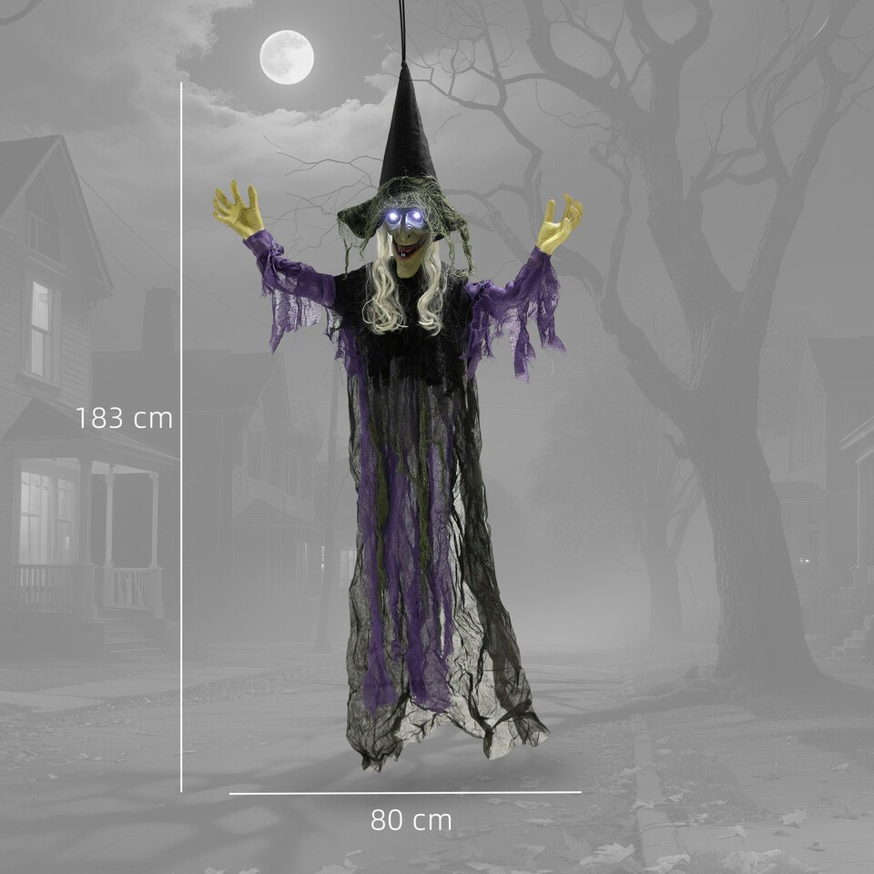 image 1 of Outsunny Voice Activated Halloween Animatronics Hanging Witch, Purple