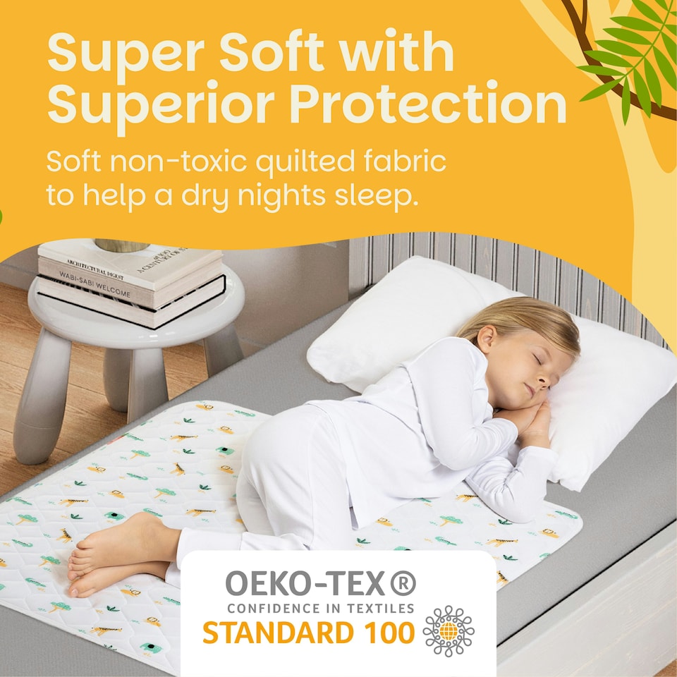 image 1 of Toddler Potty Training Bed Pads - Non-Slip - Soft Waterproof Bedwetting Pee Protector Mat for Kids - Multi-Layer, Washable, Absorbs Up to 2000ml - 90 x 85cm White | Safari | Single