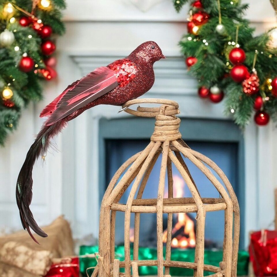 image 1 of Large Decorative Red Paradise Bird With Clip - 35cm
