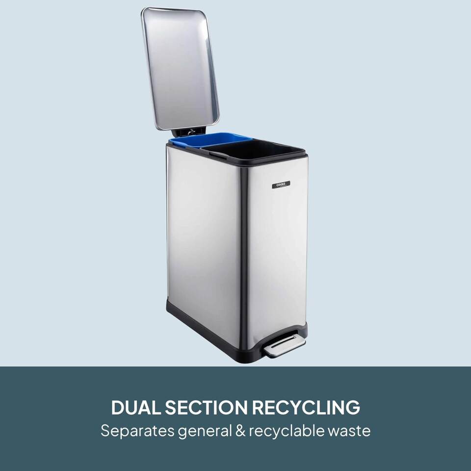 image 1 of Cooks Professional Slimline Dual Recycle Pedal Bin 50L - 2 Compartments & Soft Close Lid | Silver