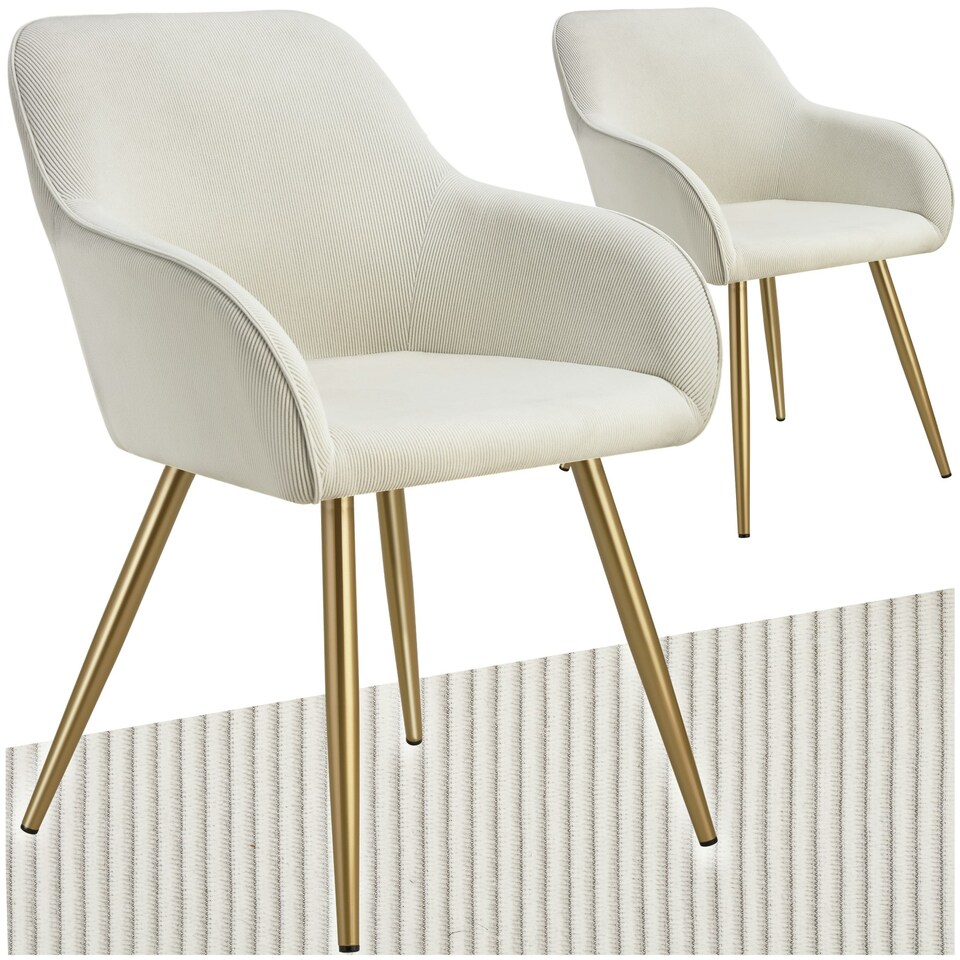 image 1 of Dining Chair Marilyn - corduroy look, upholstered, armchair, continuous backrest - Set of 2 Cream | Cream/Gold