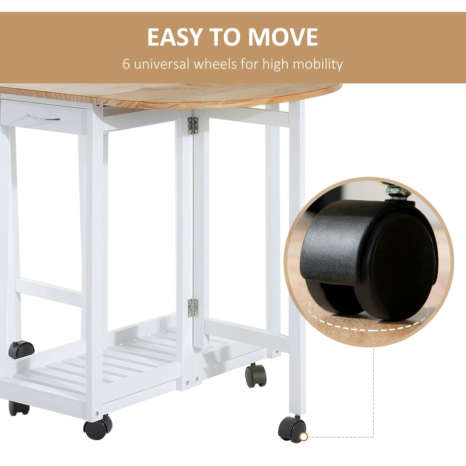 image 1 of HOMCOM 3pc Wooden Kitchen Cart Trollet Table Folding Stools Space-saving