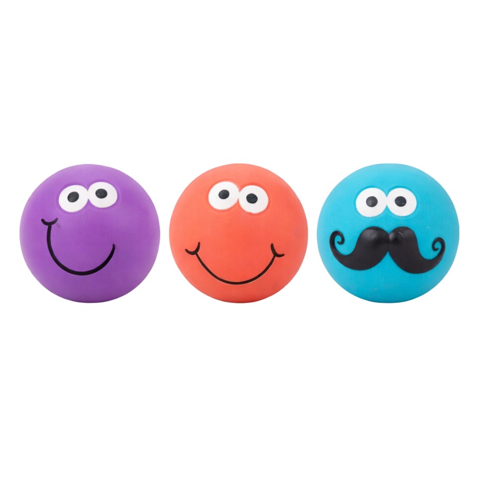 image 1 of Set of 3 Squeaky Dog Balls Latex Pet Puppy Fetch Play Chew Smiley Face Design