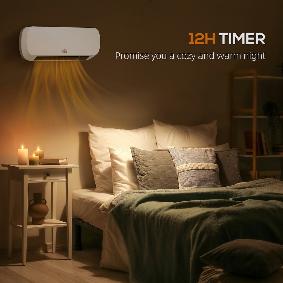 image 1 of HOMCOM Wall Mounted Electric Heater with Timer Overheat Protection White