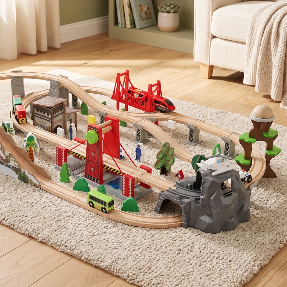 image 1 of AIYAPLAY Wooden Train Set, 100 Piece Toy Train with Crane for 3+ Years Old