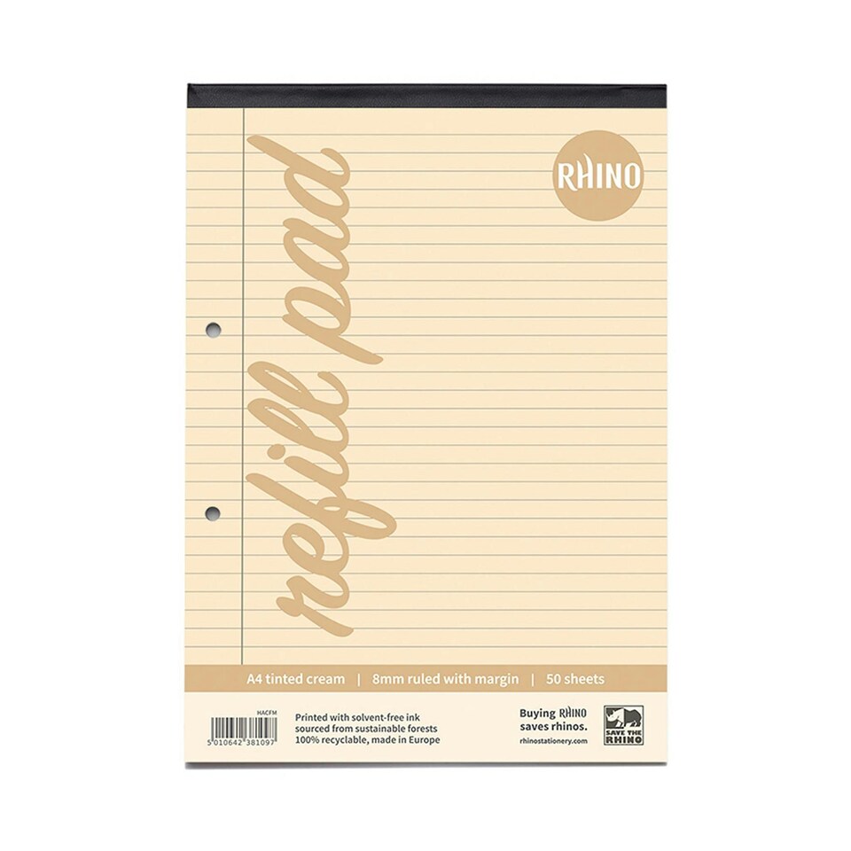 image 1 of Rhino A4 Cream Paper 100 Page 8mm Lined with Margin Refill Pad