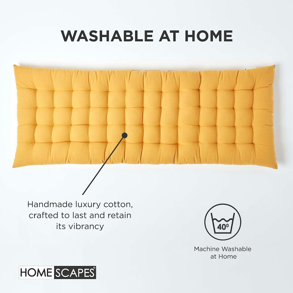 image 1 of Homescapes Garden Bench Cushion Luxury 3 Seater 100% Cotton Indoor Outdoor Seat Pad Yellow | 143 x 48 cm