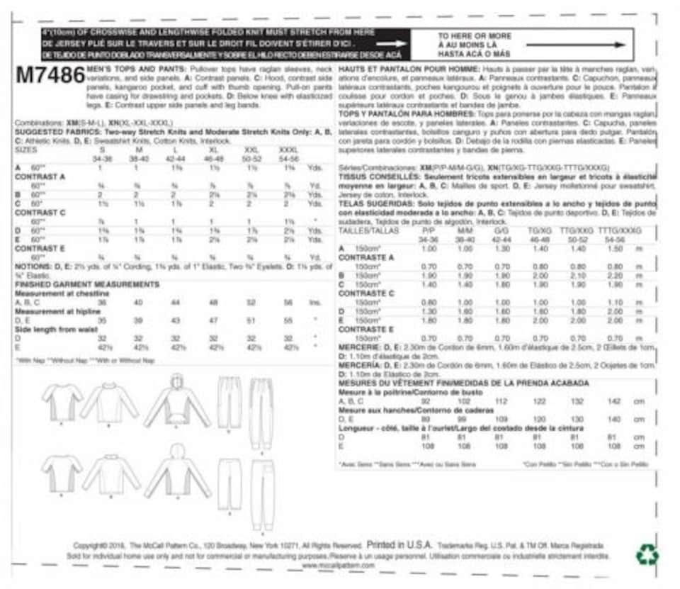 image 1 of McCall's 7486 Paper Sewing Pattern – Men’s Hoodies, Trousers, Tops, Sportswear & Sweaters, Sizes 46–48–50–52–54–56, Easy