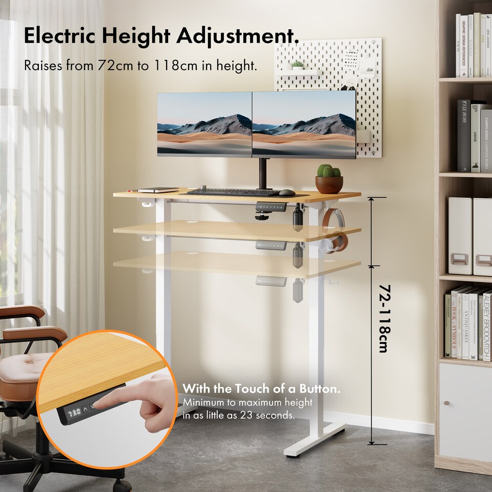 image 1 of Vonhaus Light Wood Maple Effect Electric Standing Desk 100x60cm