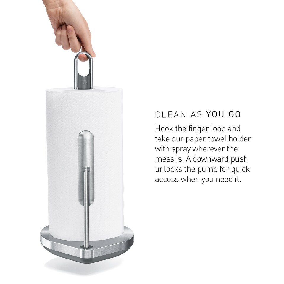 image 1 of Simplehuman Kitchen Roll Holder with built in Spray Bottle Pump, Brushed Stainless Steel | Silver | Brushed Stainless Steel | 1