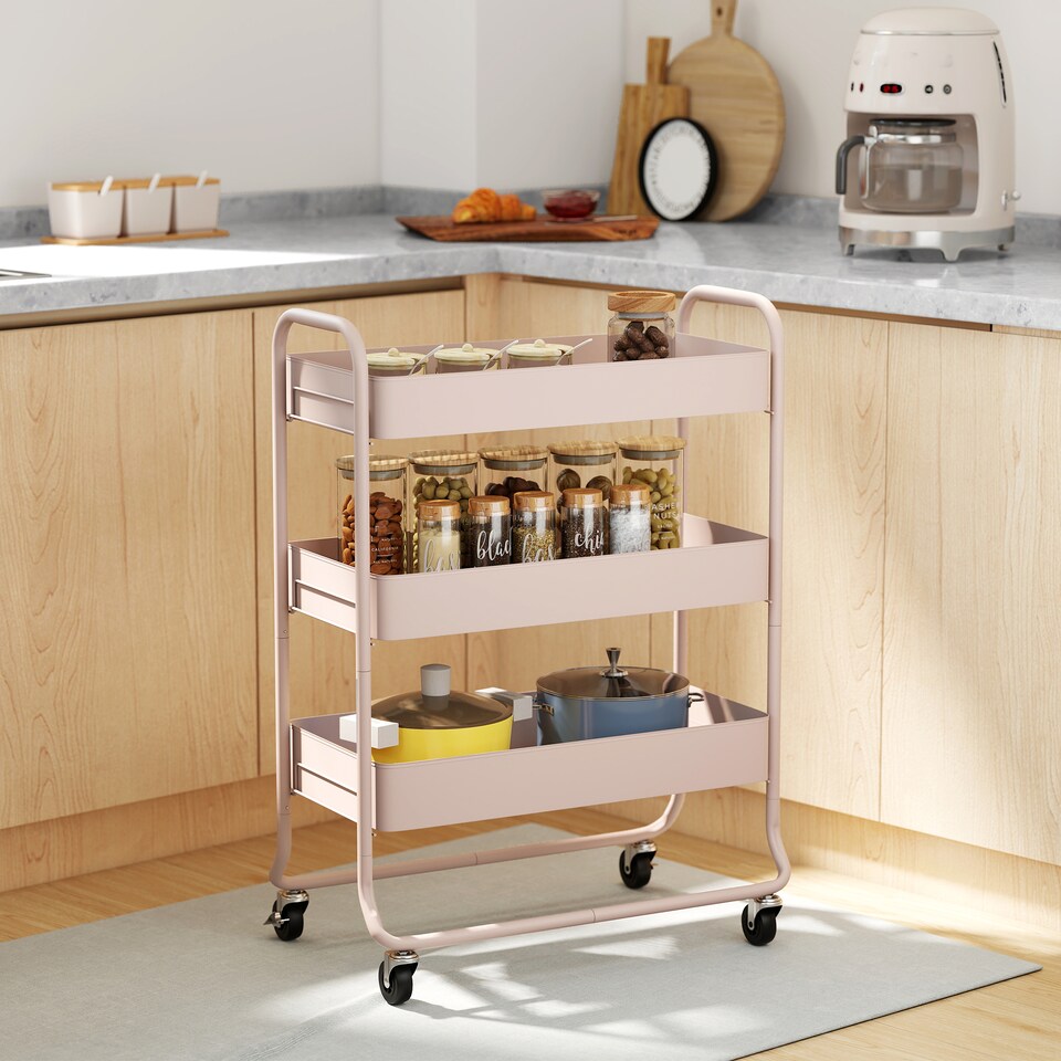 image 1 of HOMCOM 3-Tier Storage Trolley on Wheels, Rolling Utility Cart with Mesh Backets, Mobile Storage Cart for Kitchen, Bathroom, Bedroom, Light Pink | Pink | Pink