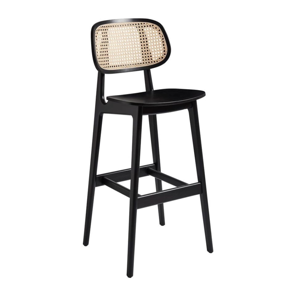 Tunesh Bar Stool - Satin Black - Natural Rattan Back Black
