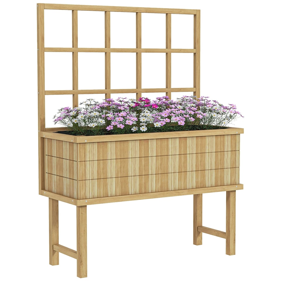image 1 of Outsunny Wood Raised Planter w/ Trellis Drain Holes Elevated Garden Bed Grey