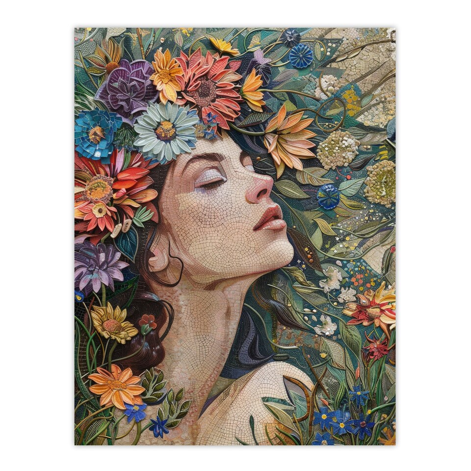 image 1 of Woman Boho Portrait Spring Flowers Mosaic Black Framed Wall Art Print A4