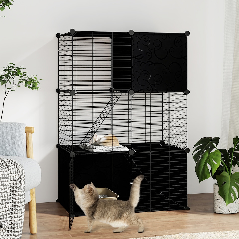 image 1 of COSTWAY Large Cat Cage 3-Tier Indoor Metal Wire Kitten Enclosure-Black