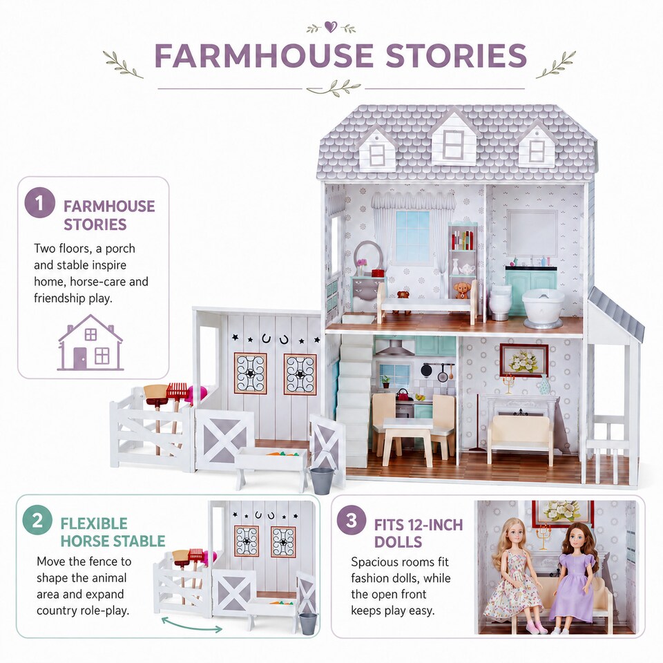image 1 of Teamson Kids 2-Story Wooden Dollhouse with Stable, Grey, Farmhouse