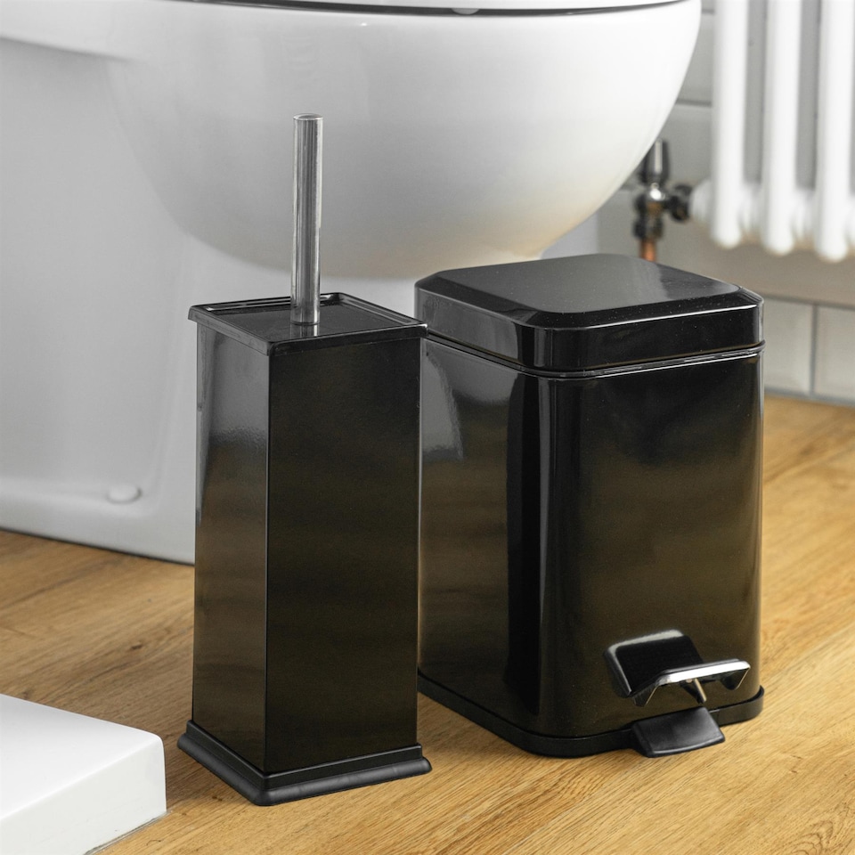 image 1 of Harbour Housewares 2x Toilet Brushes & Holder - Black - Square Stainless Steel Non Slip Rust Resistant Toilet Cleaning Brush | Black | Black | One Size | 2