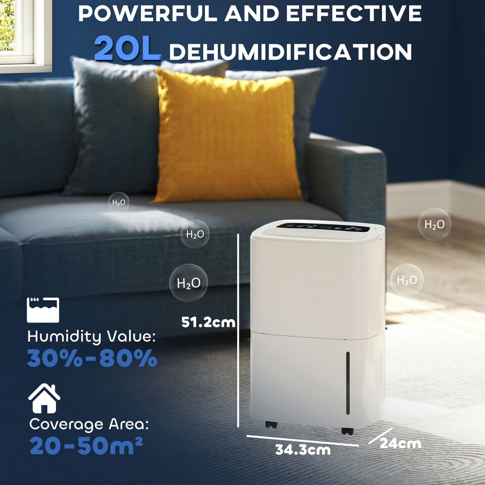image 1 of HOMCOM 20L/Day Dehumidifier with Continuous Drainage, 5L Water Tank, Timer