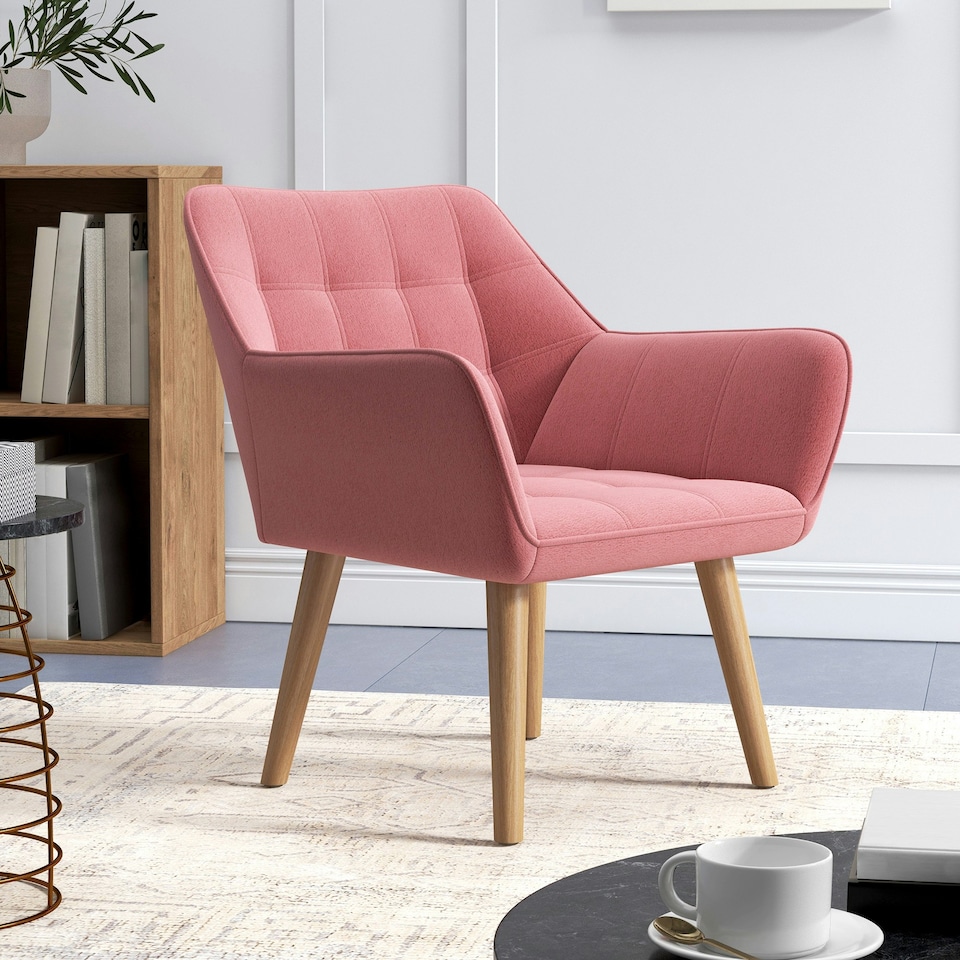 image 1 of HOMCOM Velvet-Feel Accent Chair with Arms Slanted Back Wood Legs Pink