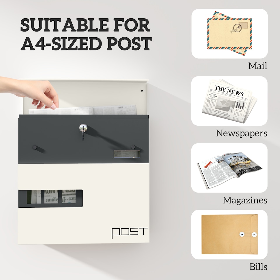 image 1 of HOMCOM Wall Mounted Post Box with Viewing Window, 2 Lock, Modern Galvanised Steel Mailbox with Copper Core, Weatherproof Letterbox for Outdoor Use, Easy to Install, White | White