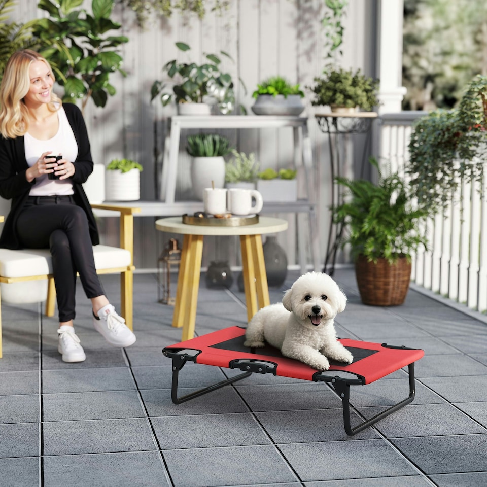 image 1 of PawHut Raised Dog Bed with Breathable Mesh for S & M Dogs, Light Grey Red | M