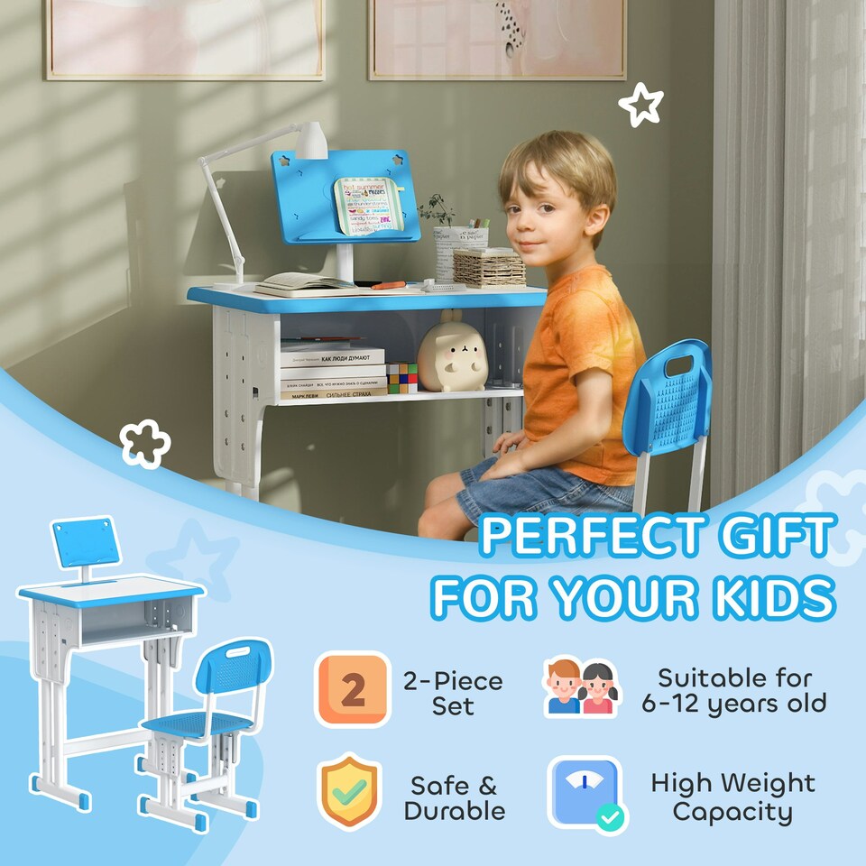 image 1 of HOMCOM Kids Desk and Chair Set Adjustable Height Study Table Set w/ Drawer | Blue