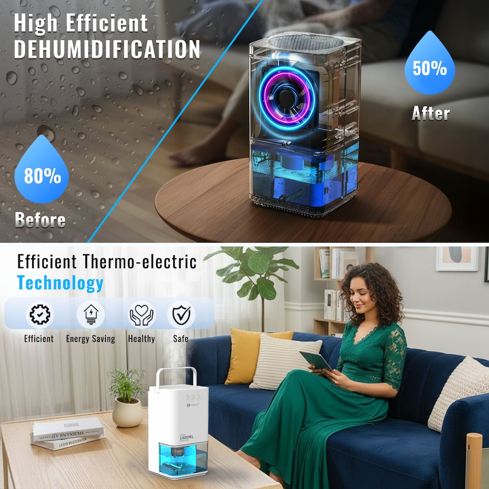 image 1 of 1400ml Mini Dehumidifier for Damp Mould Condensation and Moisture - White