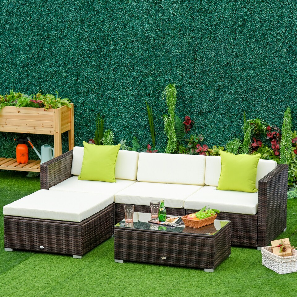 image 1 of Outsunny 5 Pieces Rattan Sofa Set Wicker Sectional Cushion Patio Brown Garden