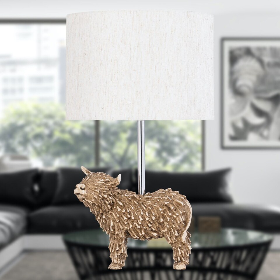 image 1 of Angus - Highland Cow Table Lamp With Oatmeal Linen Shade | Brown | Large | 1