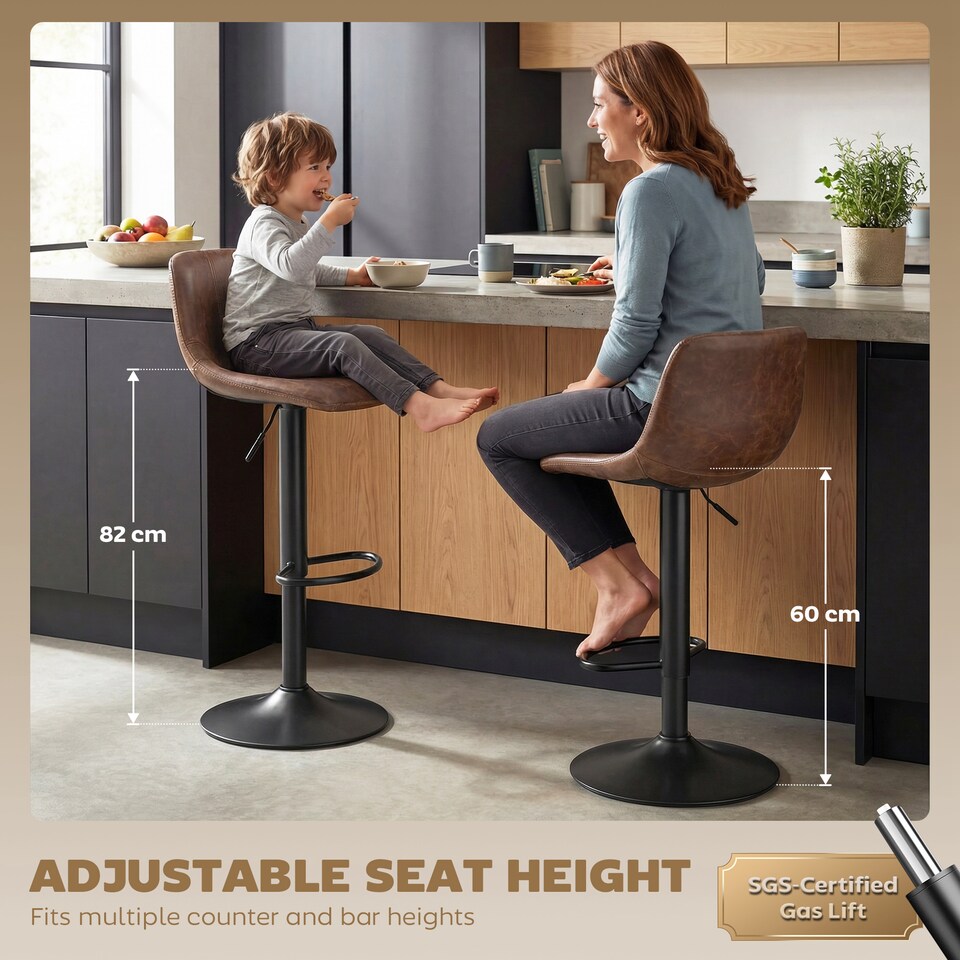 image 1 of HOMCOM Bar Stools Set of 2, Modern Swivel Barstools for Dining Room | Black | Brown | 37 x 44 x 82-104 cm