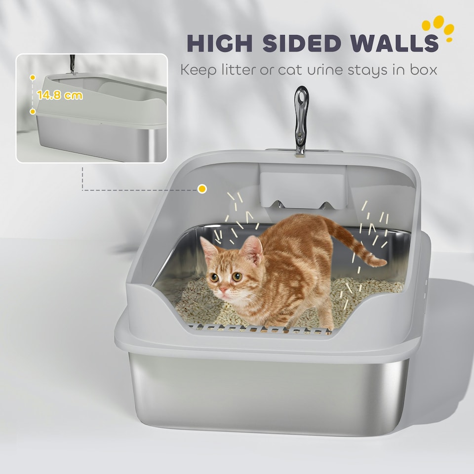 image 1 of PawHut Stainless Steel Cat Litter Box with High Sides Grey | L