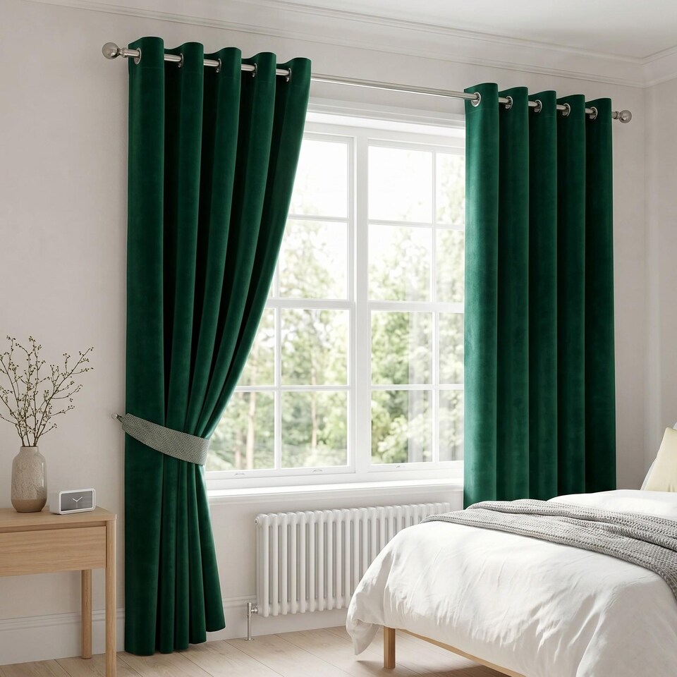 image 1 of Velvet Thermal Blackout Eyelet Curtains Ready Made Pair - 168cm x 183cm - Green