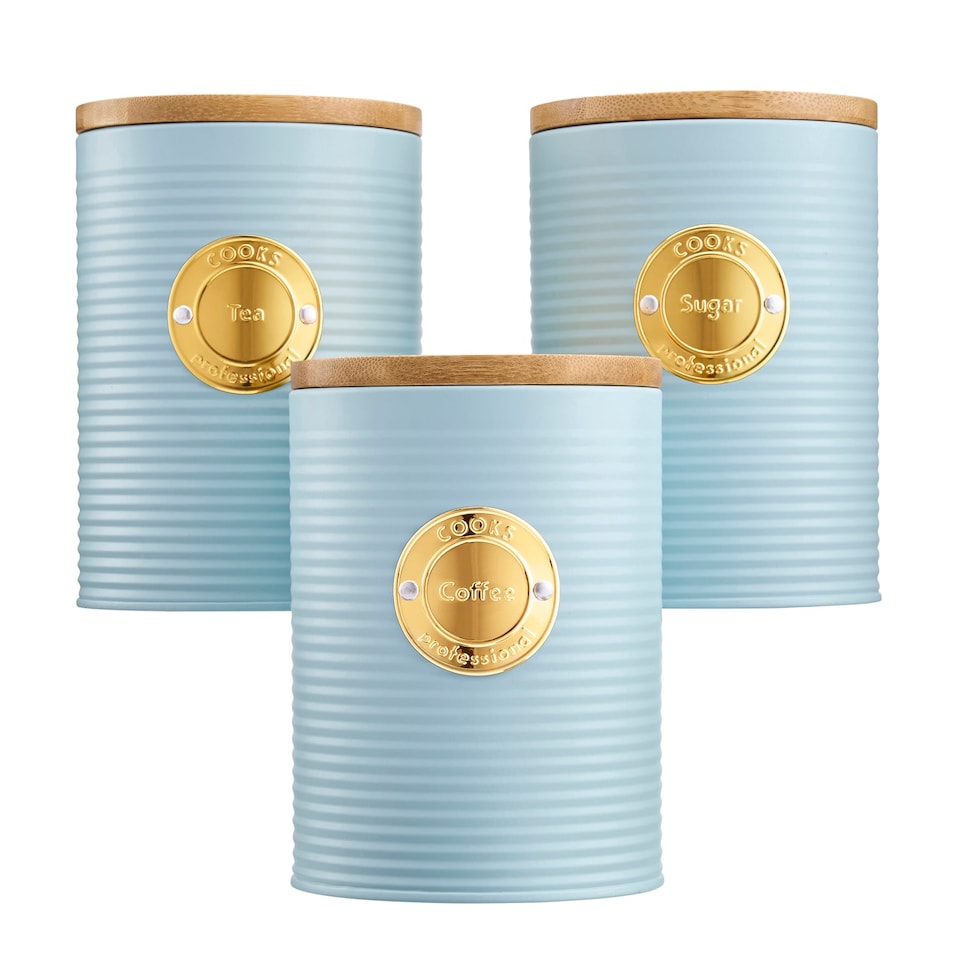 image 1 of Cooks Professional 5 Piece Ribbed Tea Coffee Sugar Bread & Biscuit Cannisters with Labels | Blue | Blue & Gold