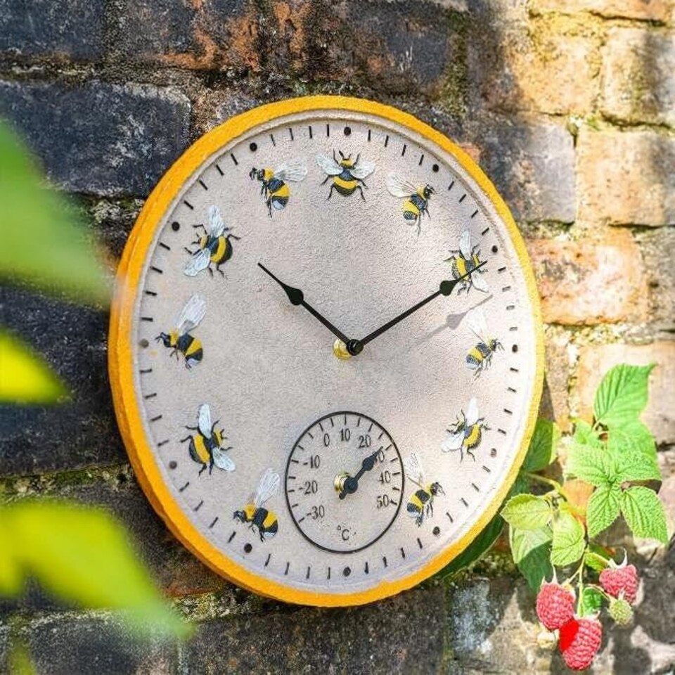 image 1 of Marco Paul 30cm Bee Outdoor Clock and Thermometer Yellow