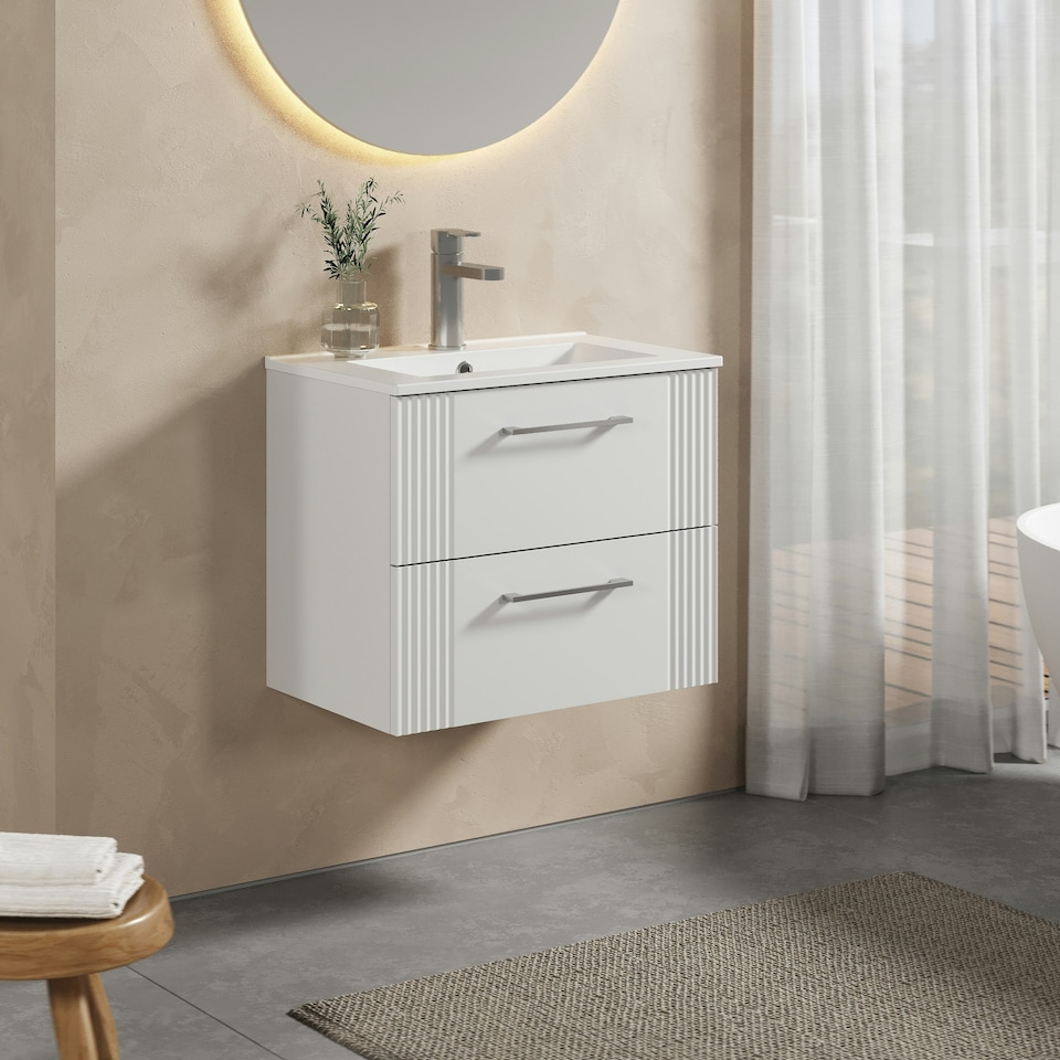 image 1 of Retro 2 Drawer Wall Hung Vanity Unit with Minimalist 1 Tap Hole Ceramic Basin - 600mm - Satin White - Balterley White
