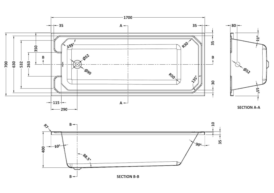 image 1 of Harrington Straight Single Ended Shower Bath Tub, 1700x700mm - White | White | White | 1