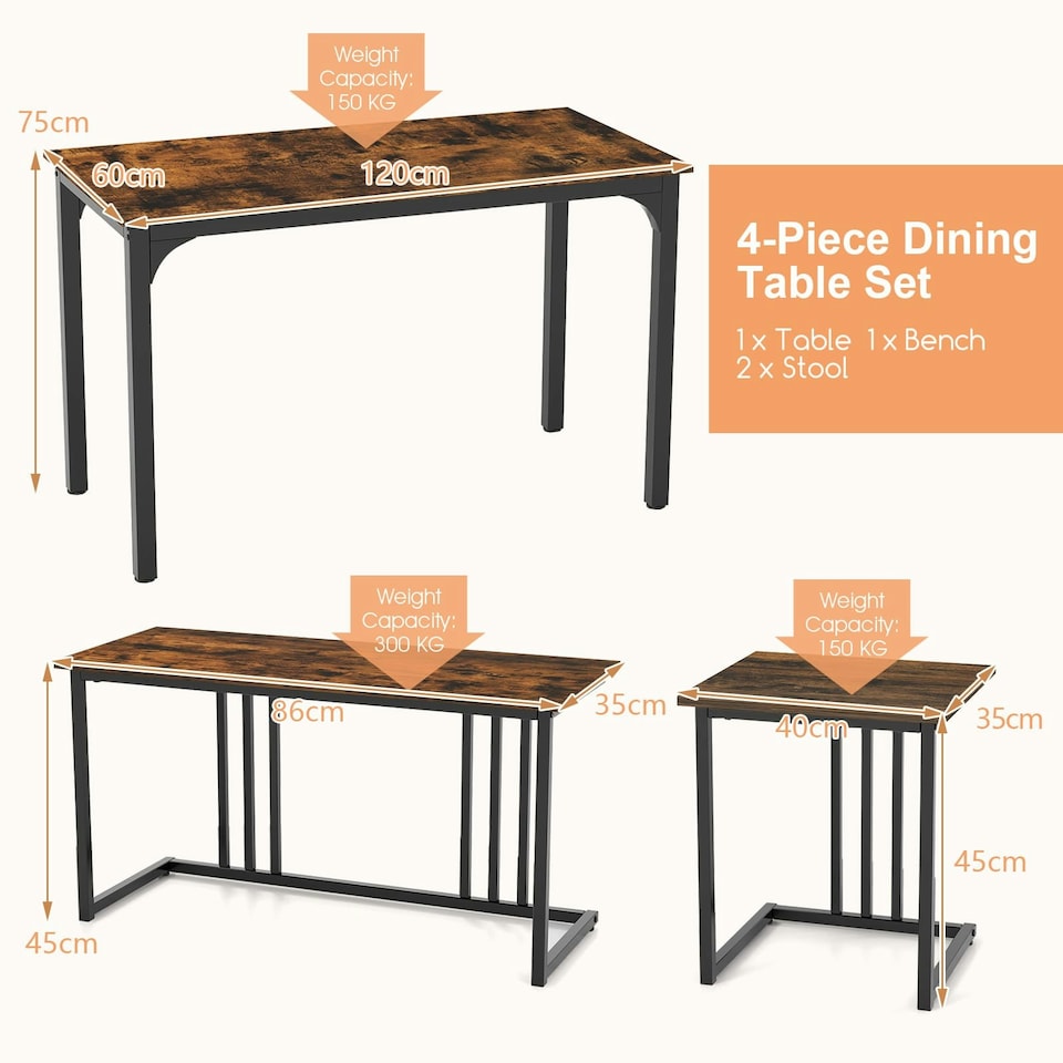 image 1 of COSTWAY 4-Piece Dining Table Set W/ Bench & 2 Stools Brown