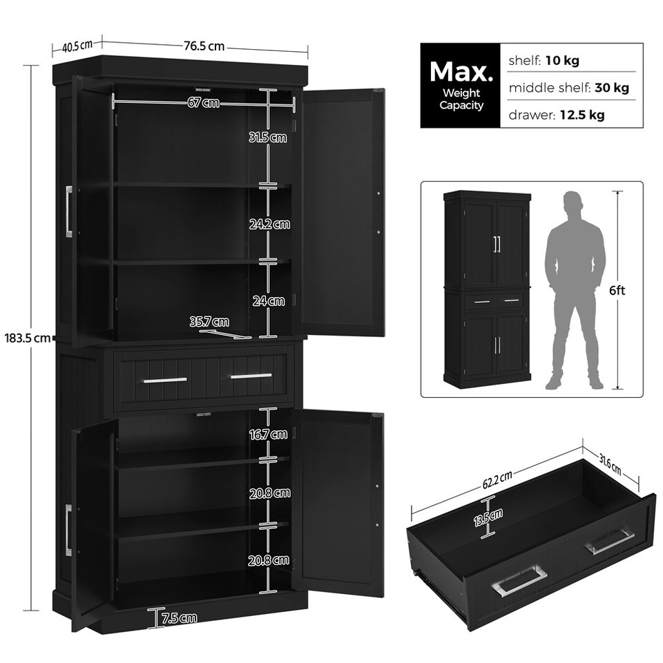 image 1 of Yaheetech Tall Pantry Cupboard with Doors and Adjustable Shelves Black