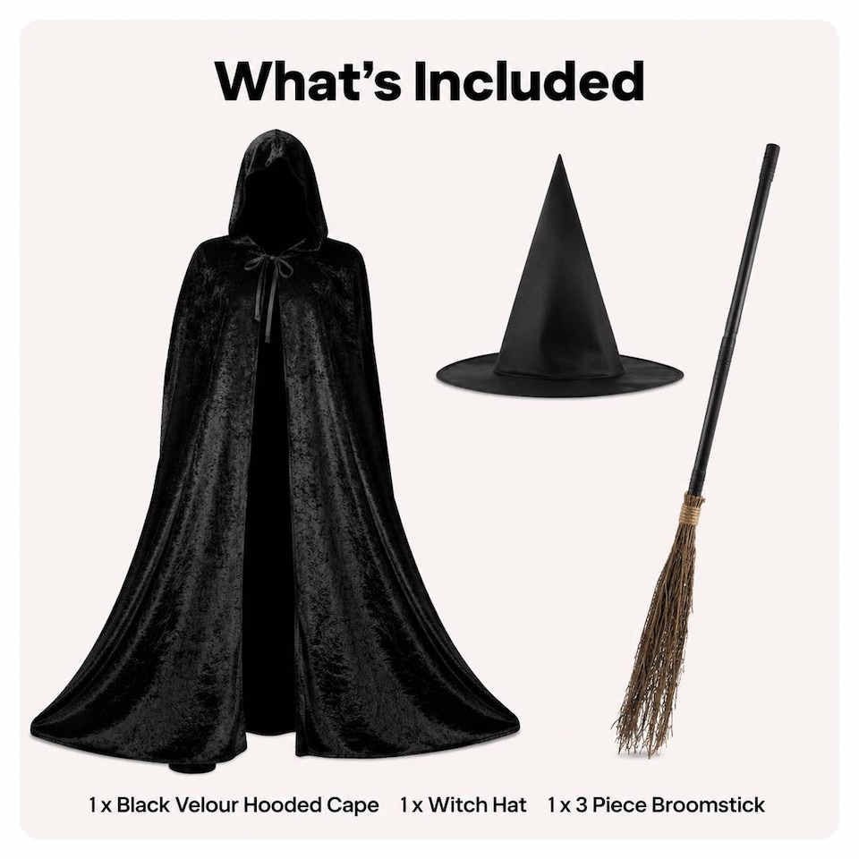image 1 of Adult Witch Costume Set - Halloween Cape, Pointed Hat & Broomstick