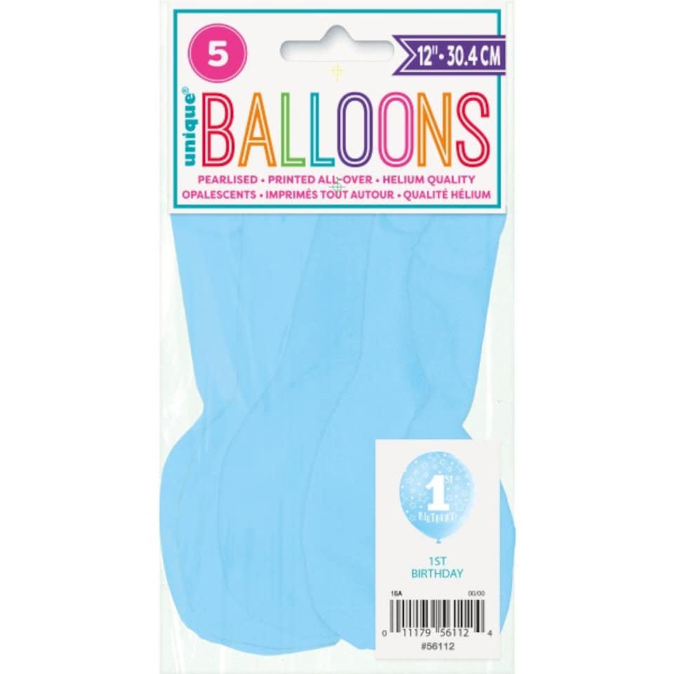 image 1 of Pack of 5 Blue 1st Birthday 12" Latex Balloons