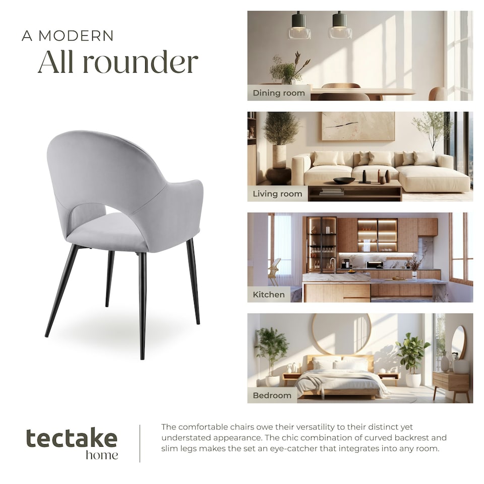 image 1 of Dining Chair Sasha- padded armchair in velvet look, continuous backrest - Set of 2 Grey | Light Grey