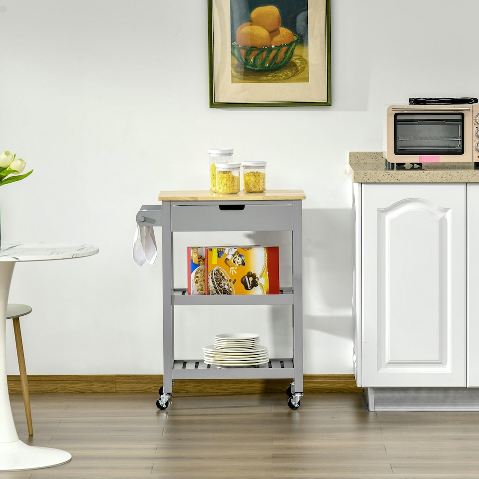 image 1 of HOMCOM Kitchen Trolley Utility Cart on Wheels with Rubberwood Worktop Towel Rack
